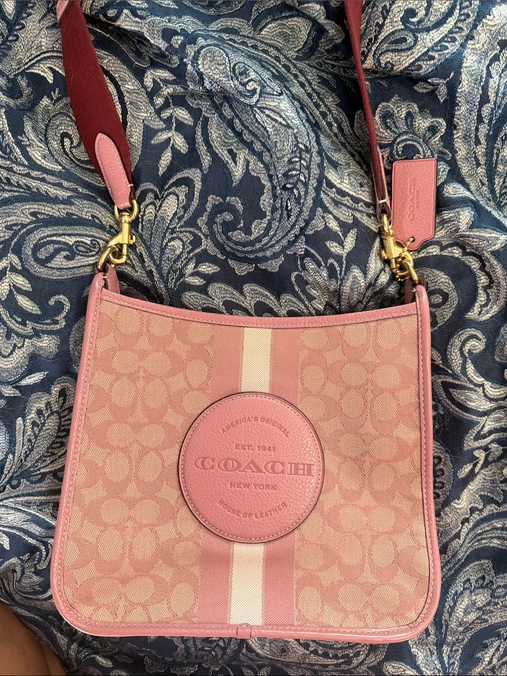 Coach Pink Signature Stripe Crossbody with Gold Hardware